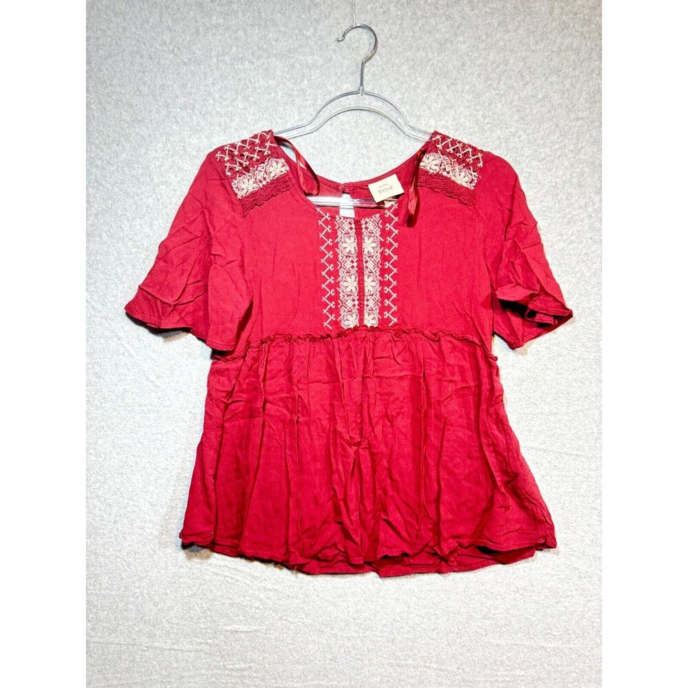 Knox Rose Tunic Top Womens Small Red Floral Embroidered Half Sleeve Keyhole Back